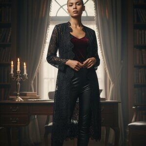 Caroline Cox Open Front Black Lace Duster Cardigan Long Sleeve Size 12